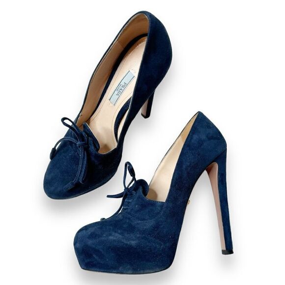 PRADA Calzature Donna Blue Suede Lace Up Suede Platform Heels Pumps Women’s 38 - Picture 2 of 12